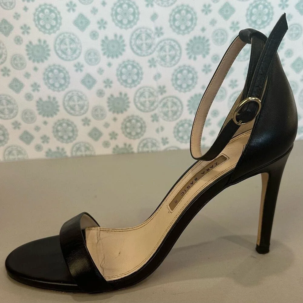 Zara Basic Heeled Sandals Womens 39 Black Good Ankle Strap Stiletto Open Toe